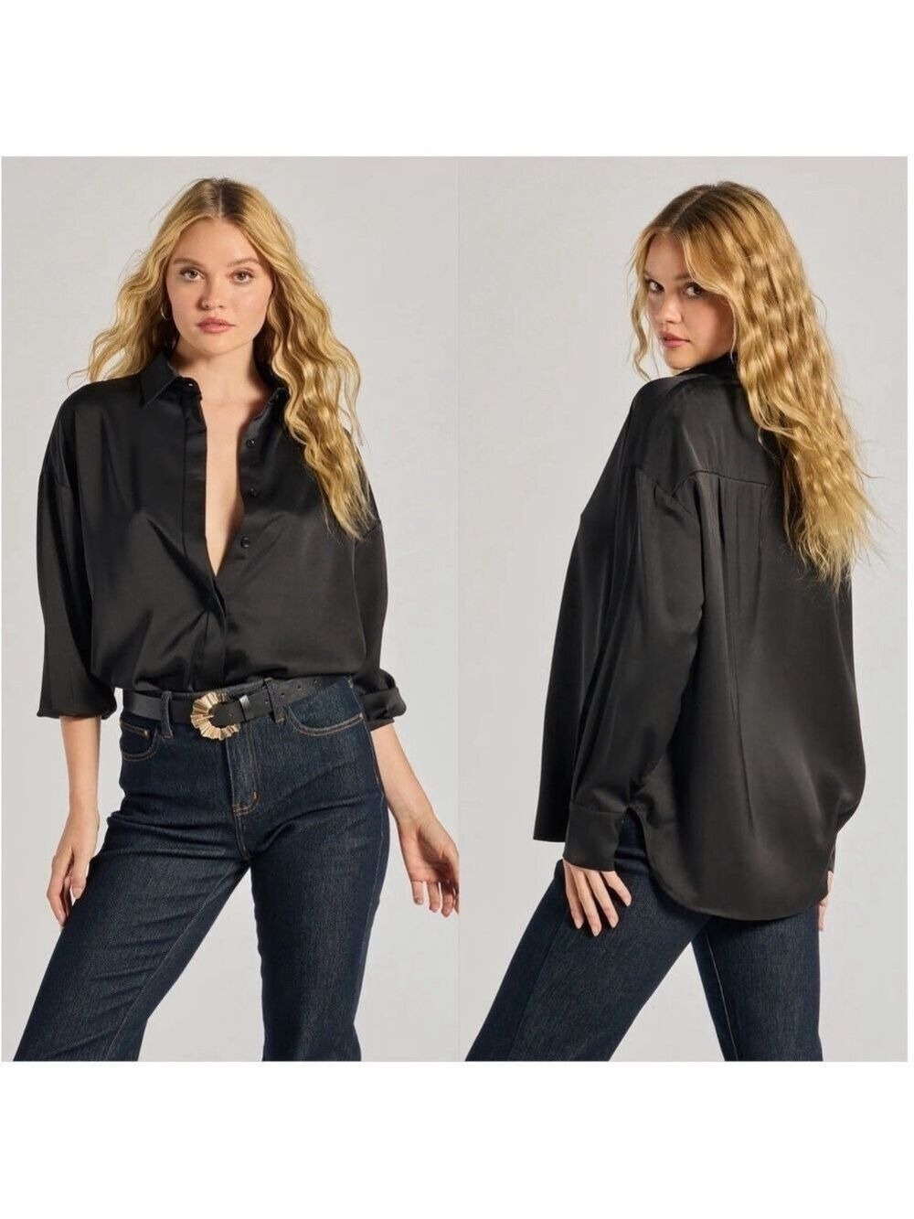 Windsor Womens Always Chic Satin Button-Down Long Sleeve Top Black NEW